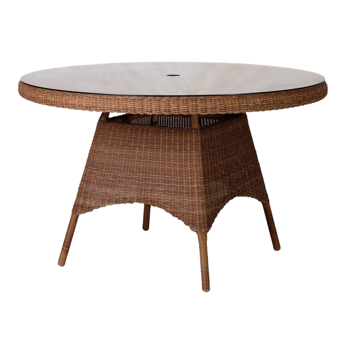 Round outdoor table with wicker base and marble top on a white background