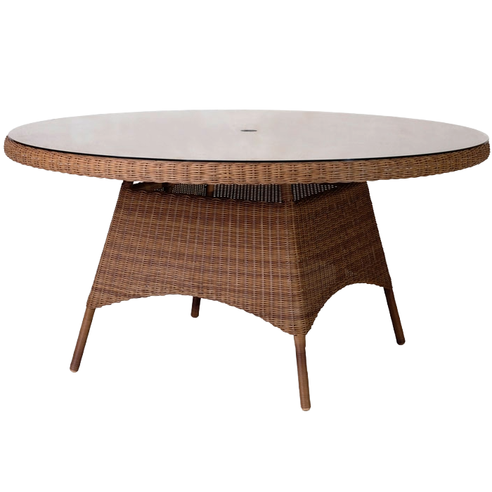 Round outdoor table with wicker frame and marble-like top on a white background