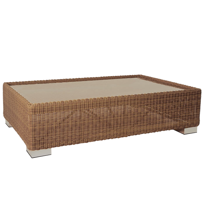 Wicker coffee table with a beige top on a white background