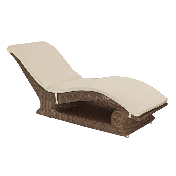 Beige lounge chair with wicker frame on a white background