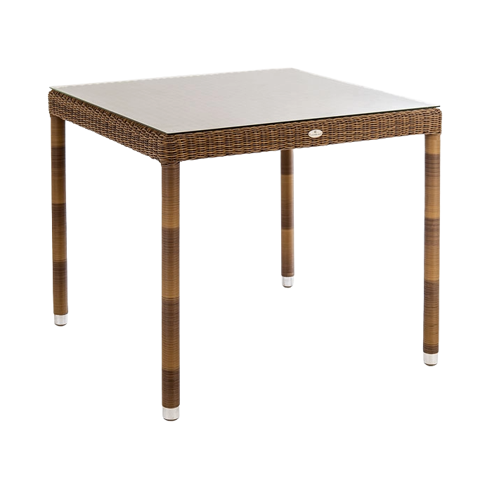 Square outdoor table with wicker frame and glass top on a white background