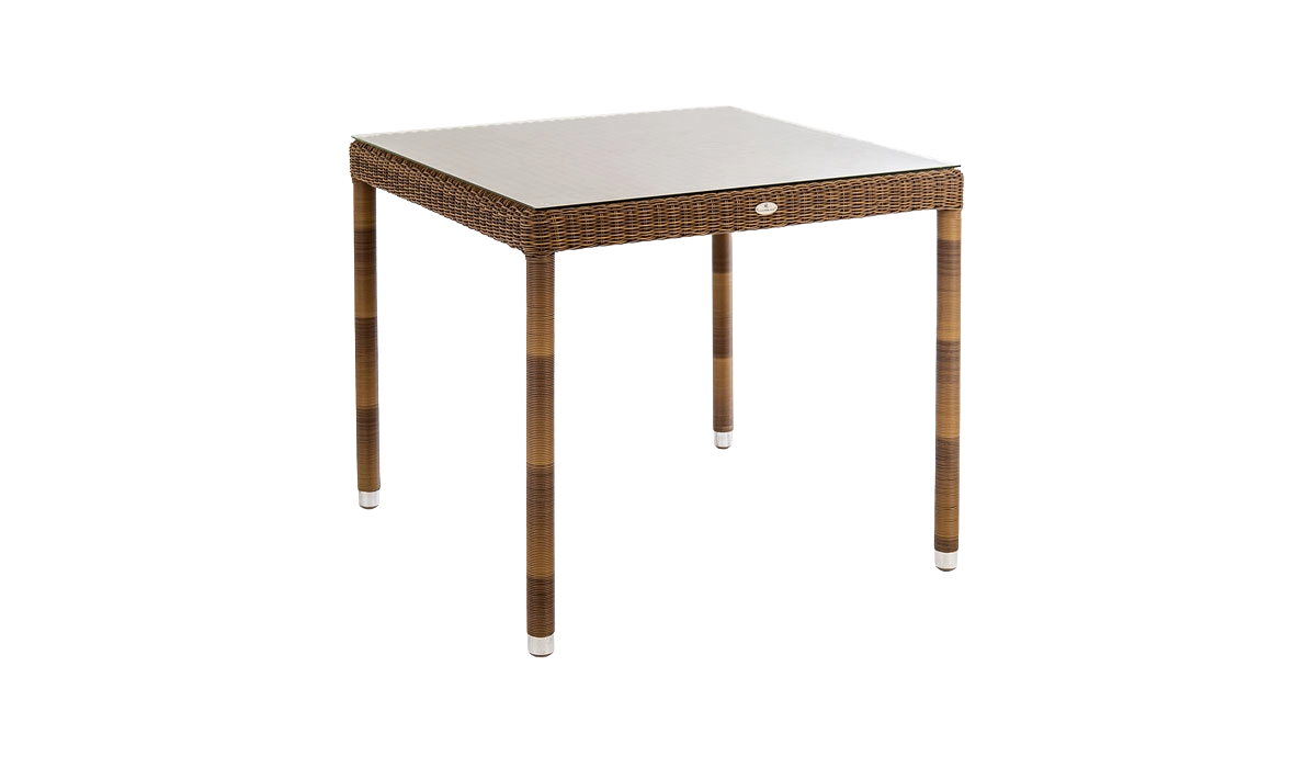 Square outdoor table with wicker frame and glass top on a white background