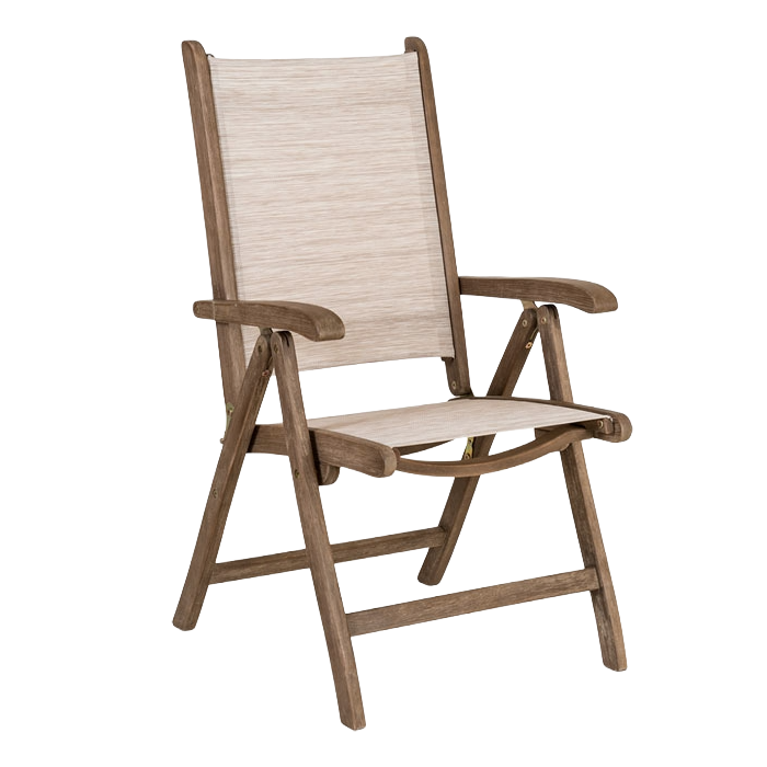 Wooden chair with beige seat and backrest on a white background