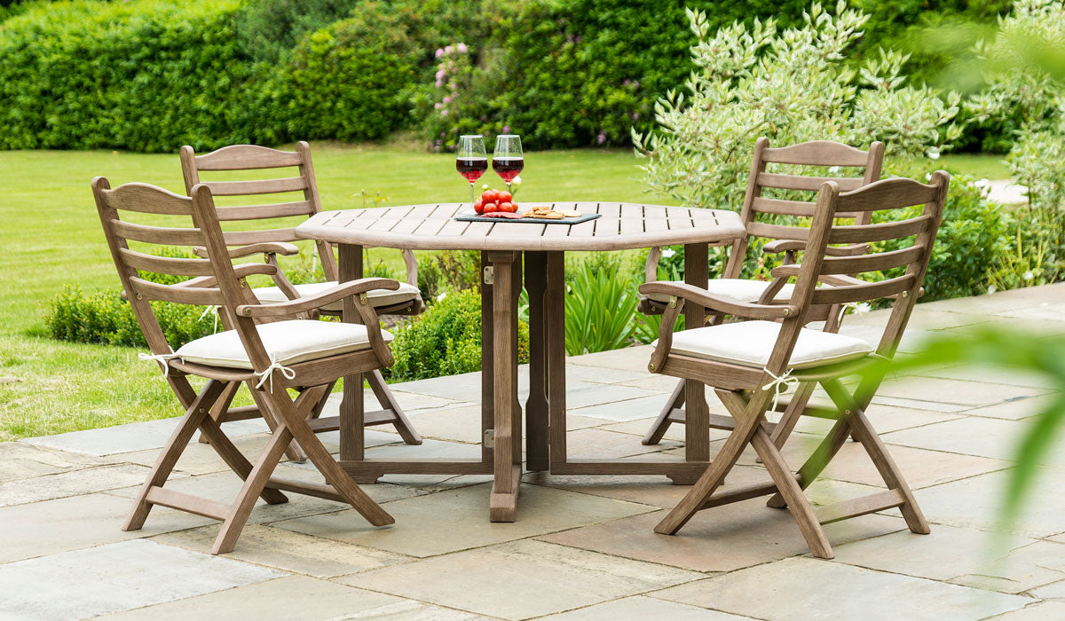 Garden furniture gaitleg table with folding armchairs Sherwood range by Alexander Rose