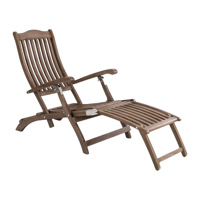 Brown wooden recliner chair with footrest on a white background