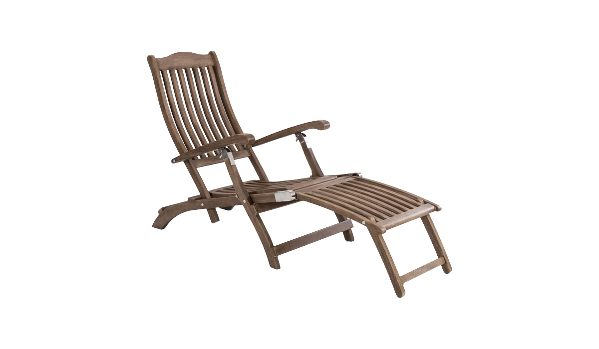 Brown wooden recliner chair with footrest on a white background
