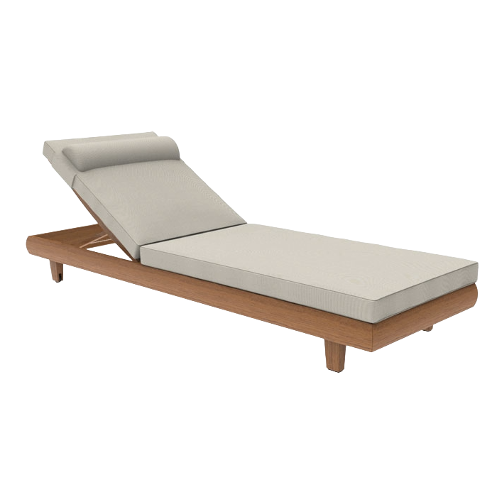 Beige outdoor lounge chair with wooden frame on a white background