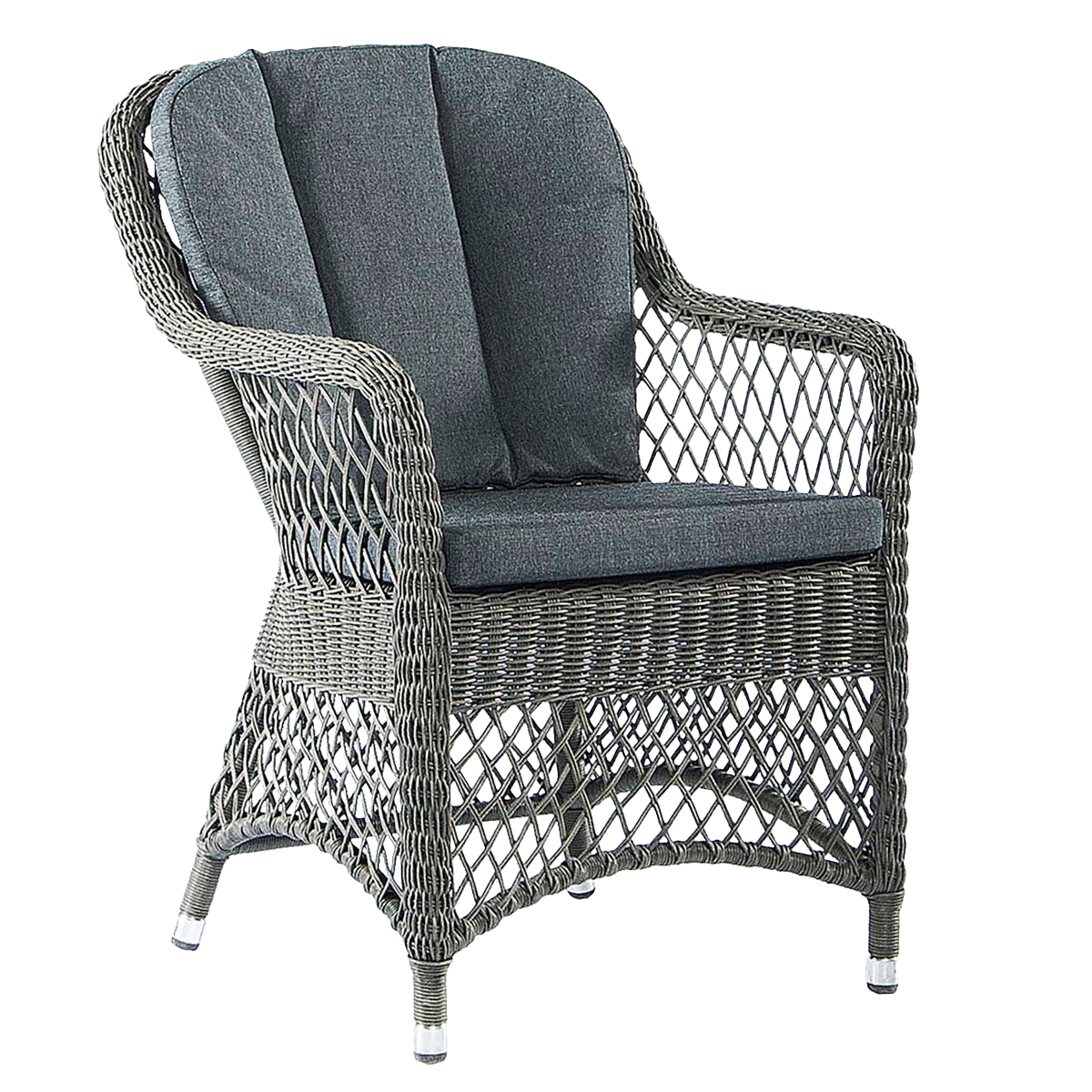 Gray wicker armchair with a cushion on a white background