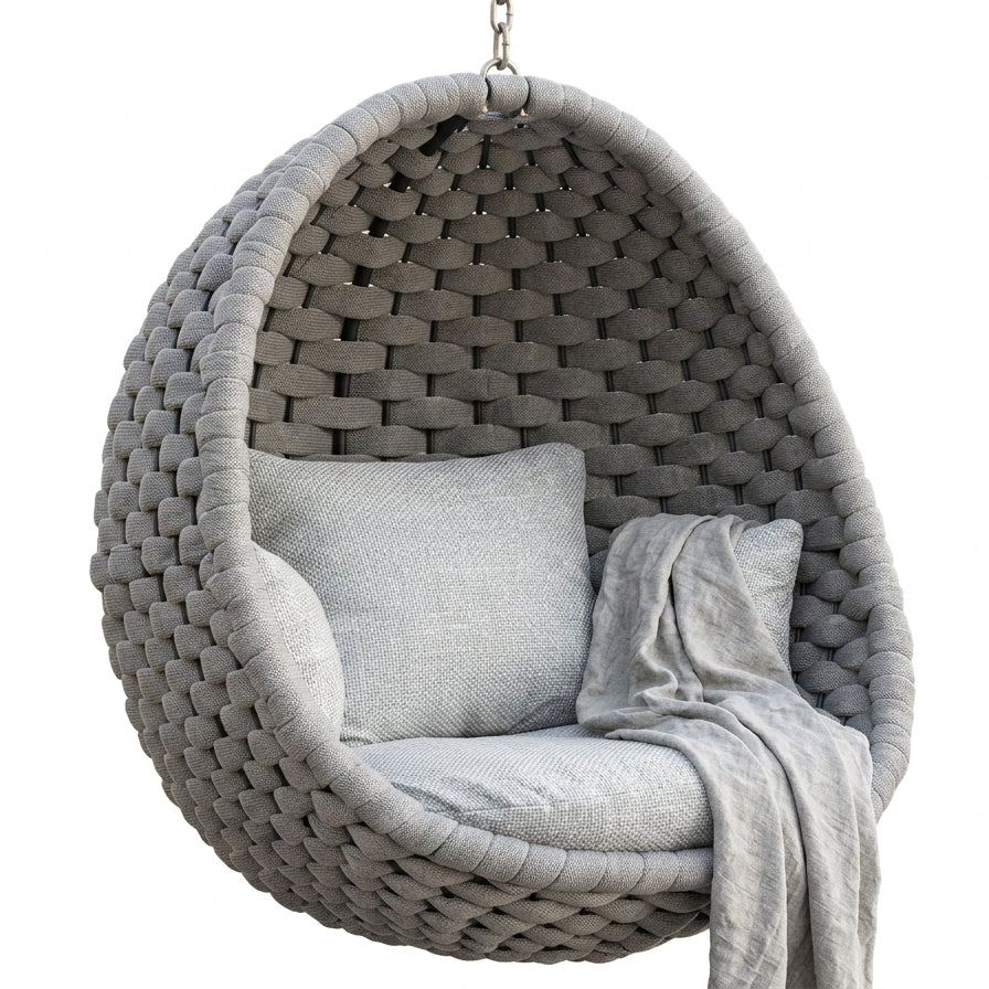 Gray woven hanging chair with cushions on a white background