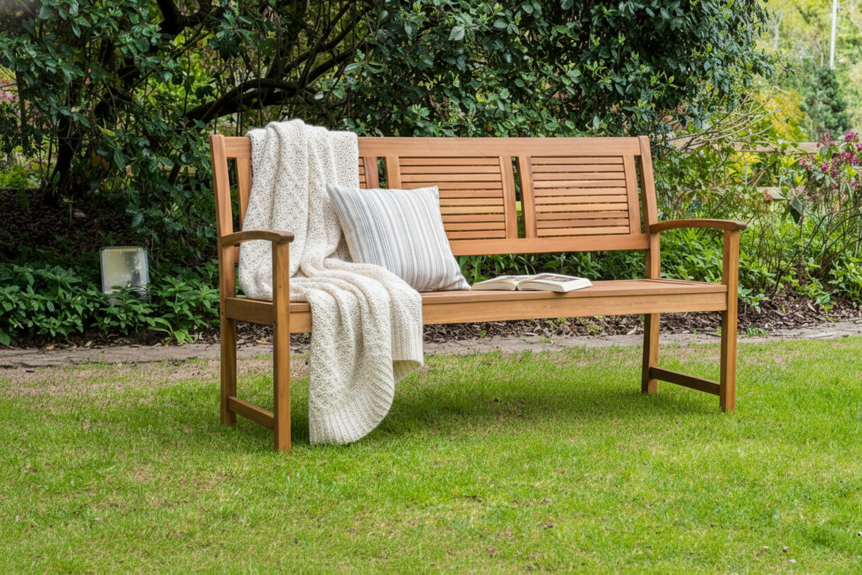 Lakeside acacia wood bench designed by Alexander Rose on a lawn