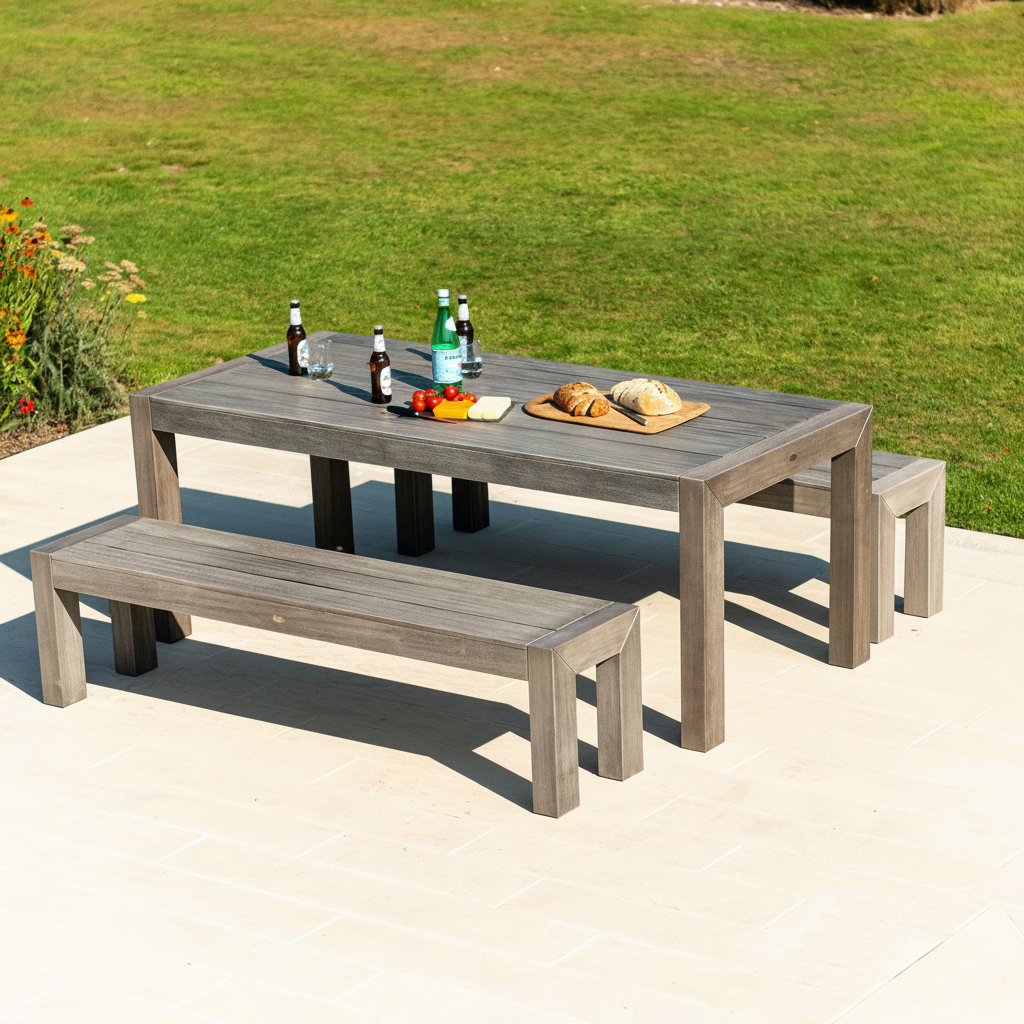 Old England table and benches in a patio setting overlooking green grass