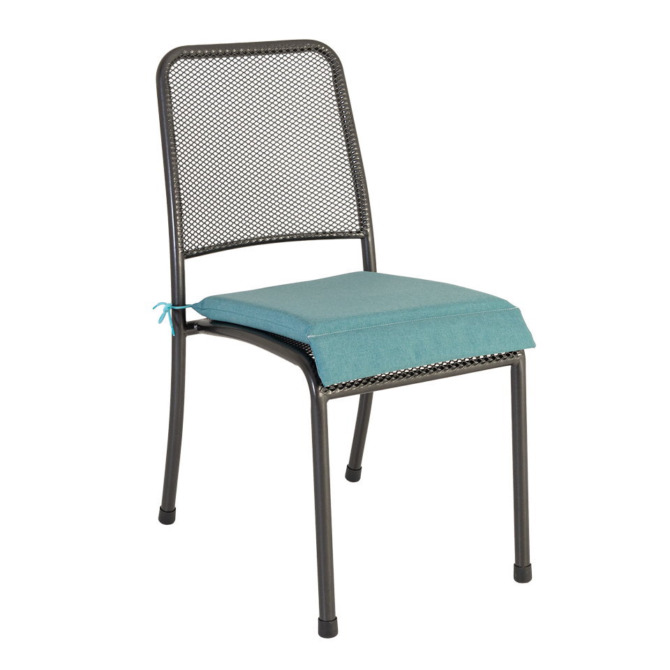 Dark grey metal outdoor dining chair with a turquoise cushion