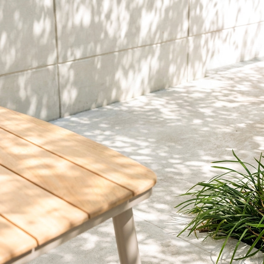 A wooden table top of roble slatted wood