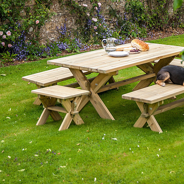 pine picnic table, benches and stools