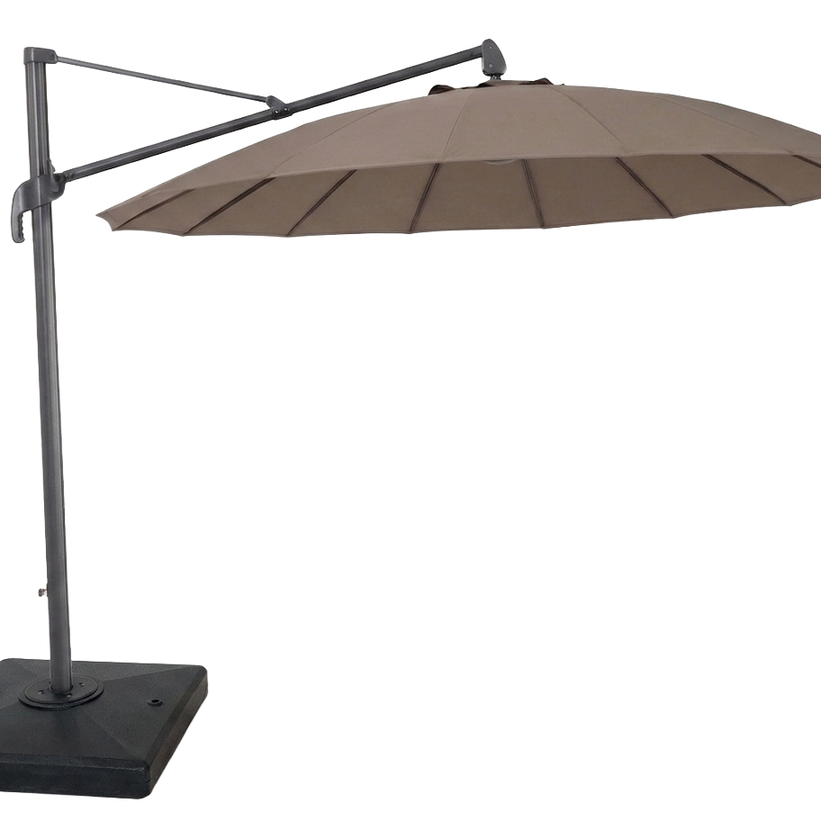 A patio offset umbrella with a dark brown canopy, a taupe metal arm and pole, and a square black weighted base, shown against a plain white background.