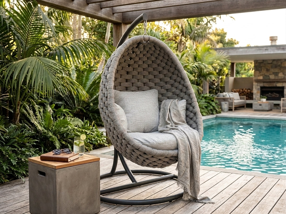 Wicker chair with cushions on a wooden deck by a poolside