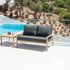 2-seater lounge sofa and coffee table. Sofa has two plump back cushions and a deep seat cushion