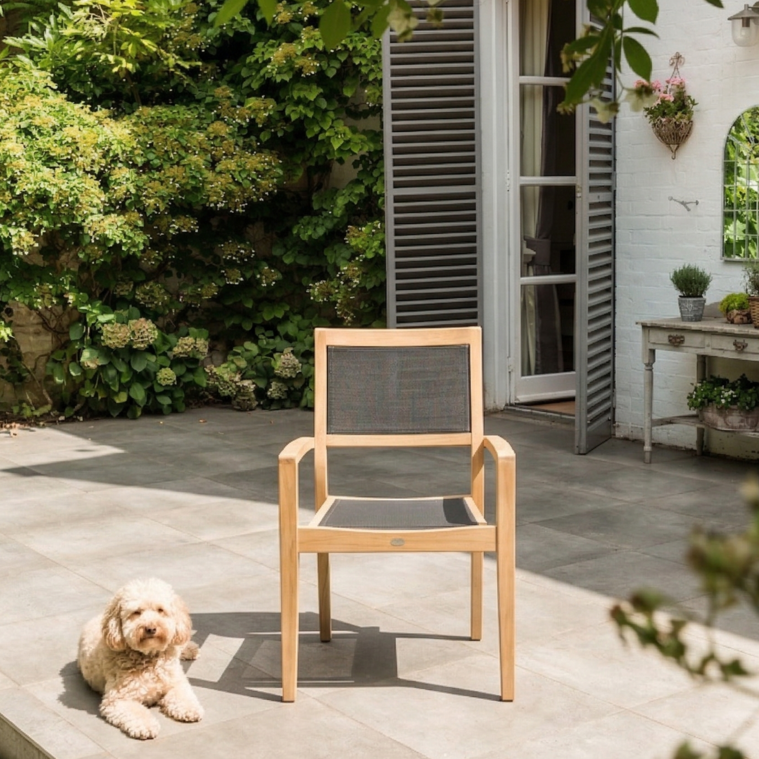 A wooden arm chair on a patio with a dog