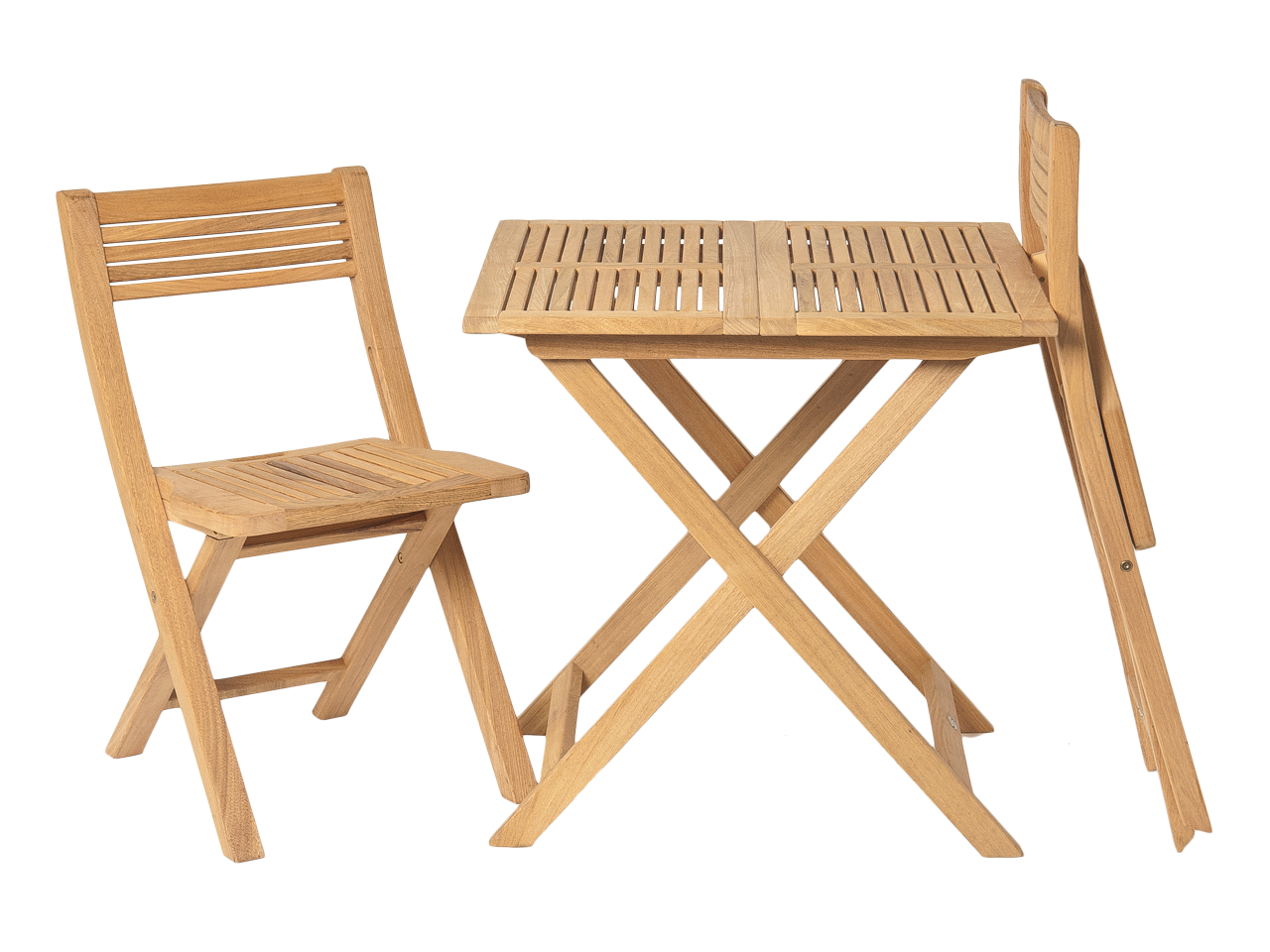 Roble hardwood folding outdoor table and 2 matching folding chairs 