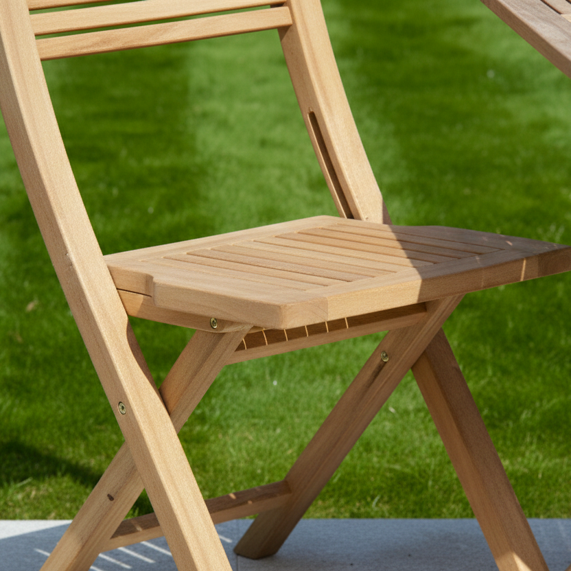 Close up of folding chair with grass behind