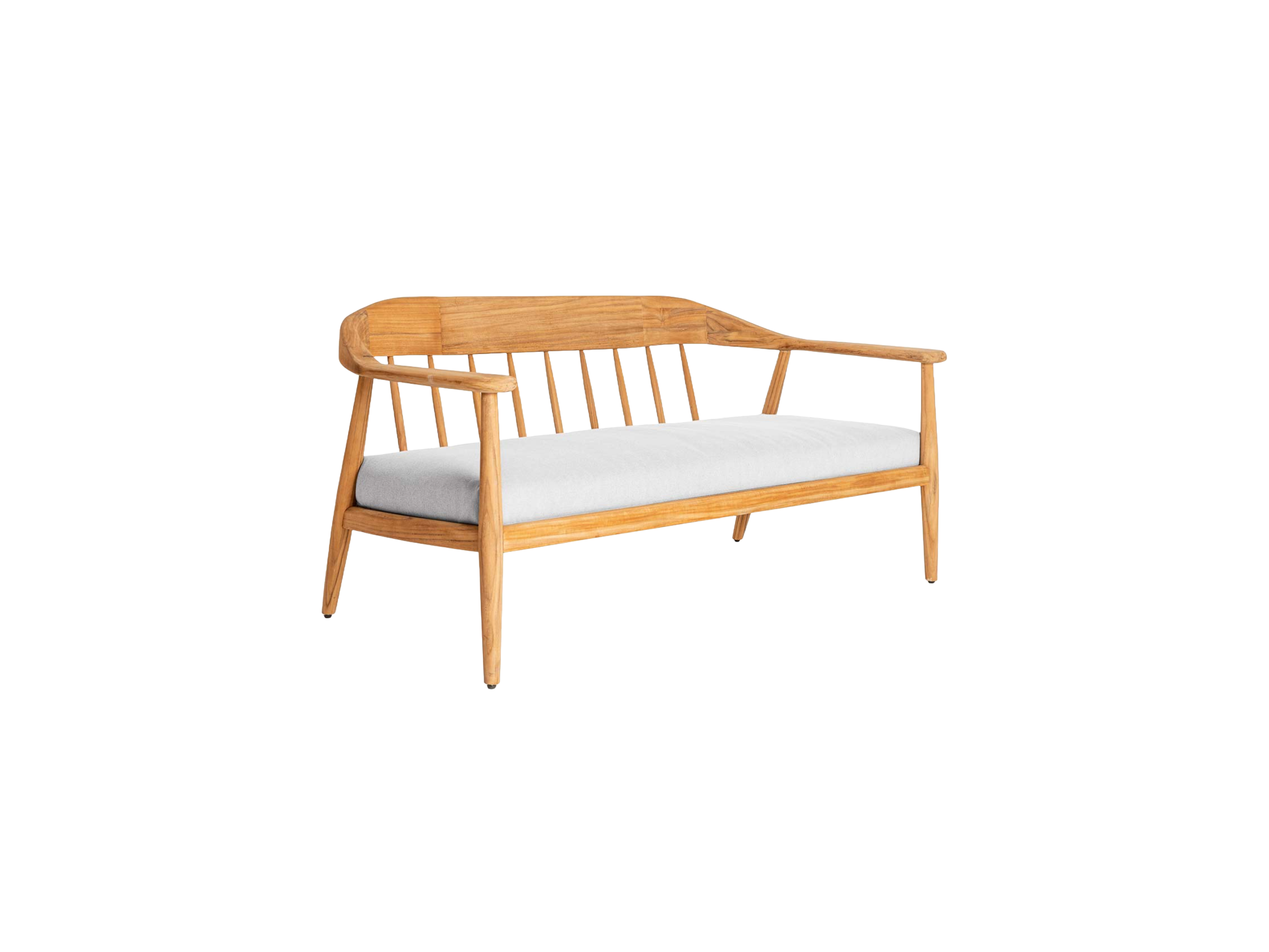 Elegant curved two seater teak garden sofa with light grey seat cuxhions