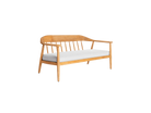 Elegant curved two seater teak garden sofa with light grey seat cuxhions