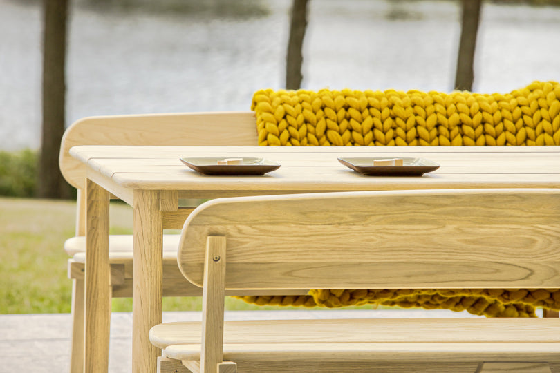 Pine outdoor furniture set benches and table.