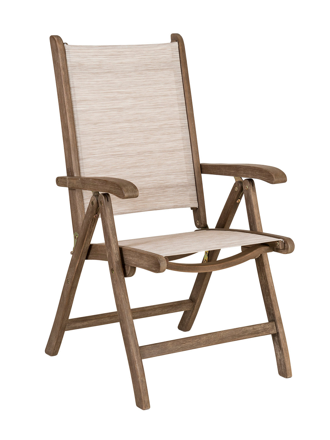 Wooden sling recliner chair with beige woven seat and backrest on a white background