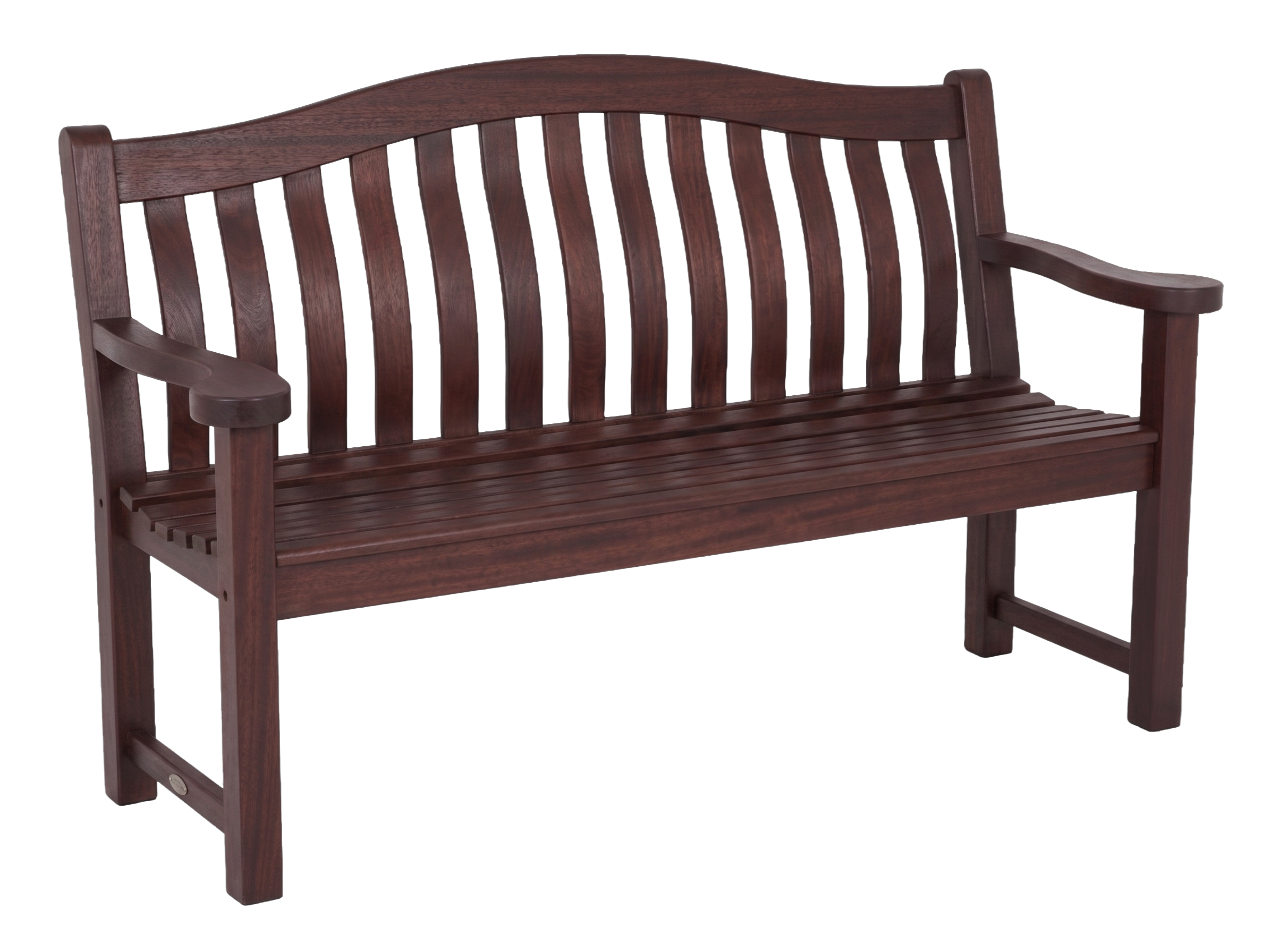 A mahogany wooden garden bench with a slatted backrest and curved top, shown on a plain white background.