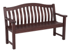 A mahogany wooden garden bench with a slatted backrest and curved top, shown on a plain white background.