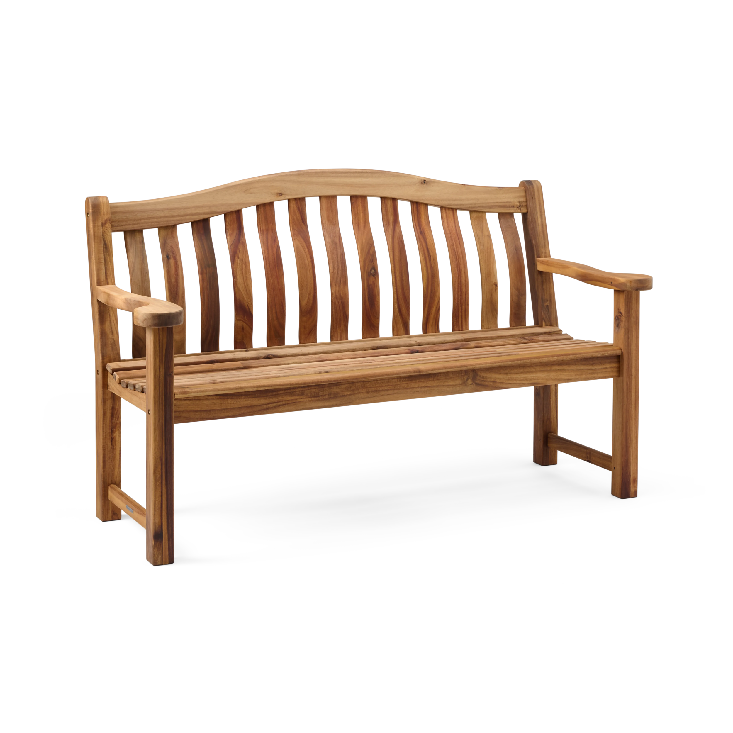 Wooden bench with slatted backrest on a white background