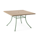 Wooden table with green metal legs on a transparent background