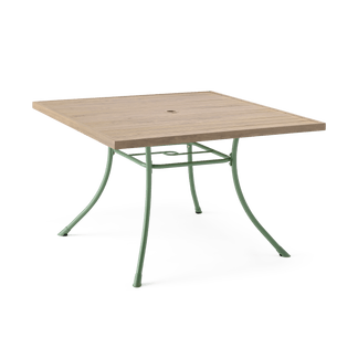 Wooden table with green metal legs on a transparent background