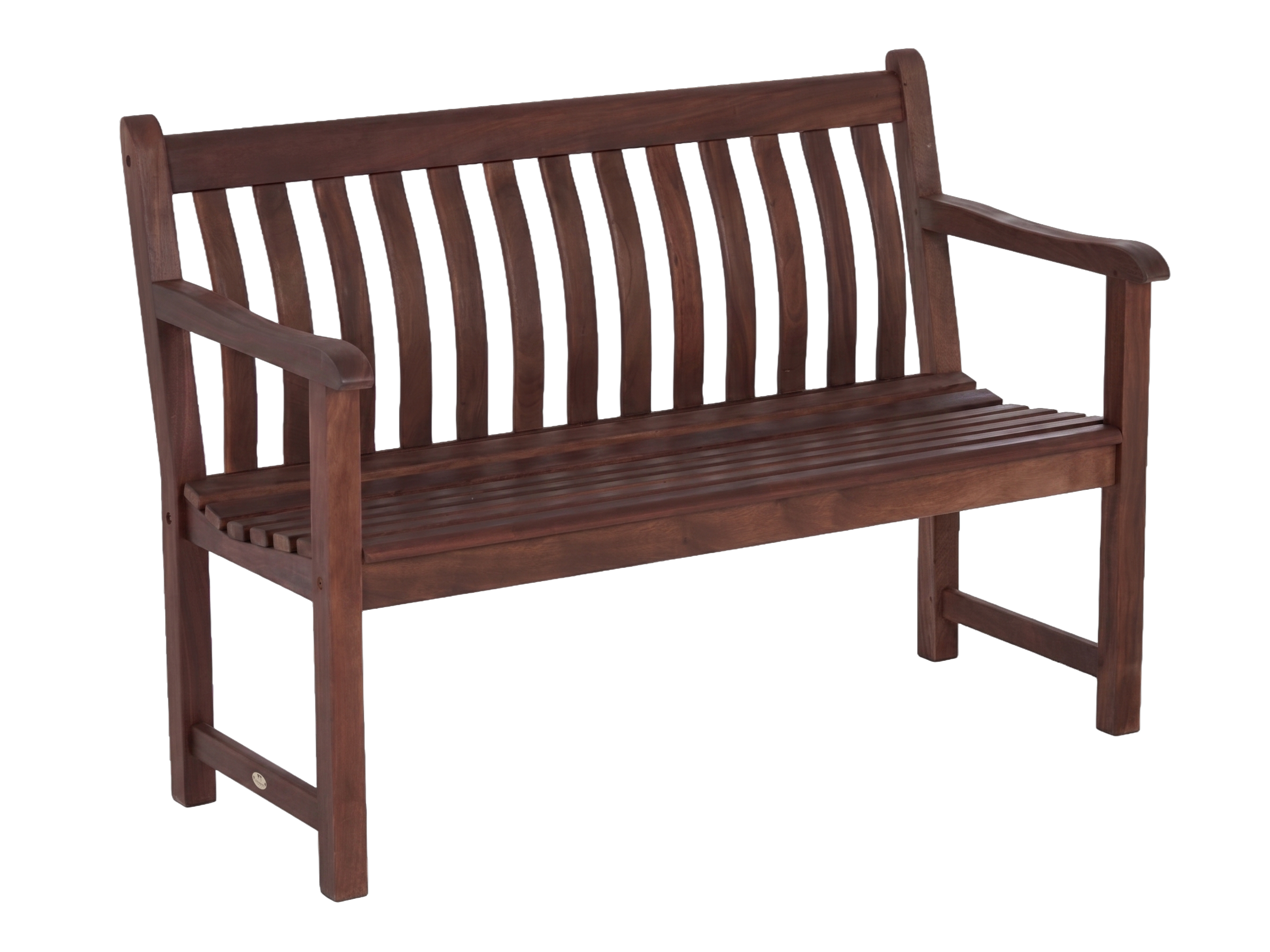 A mahogany wooden garden bench with a slatted backrest and seat, shown from a three-quarter angle on a plain white background.