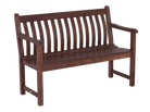 A mahogany wooden garden bench with a slatted backrest and seat, shown from a three-quarter angle on a plain white background.