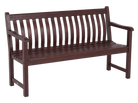 A mahogany wooden bench with a slatted back and seat, featuring armrests, shown against a plain white background.