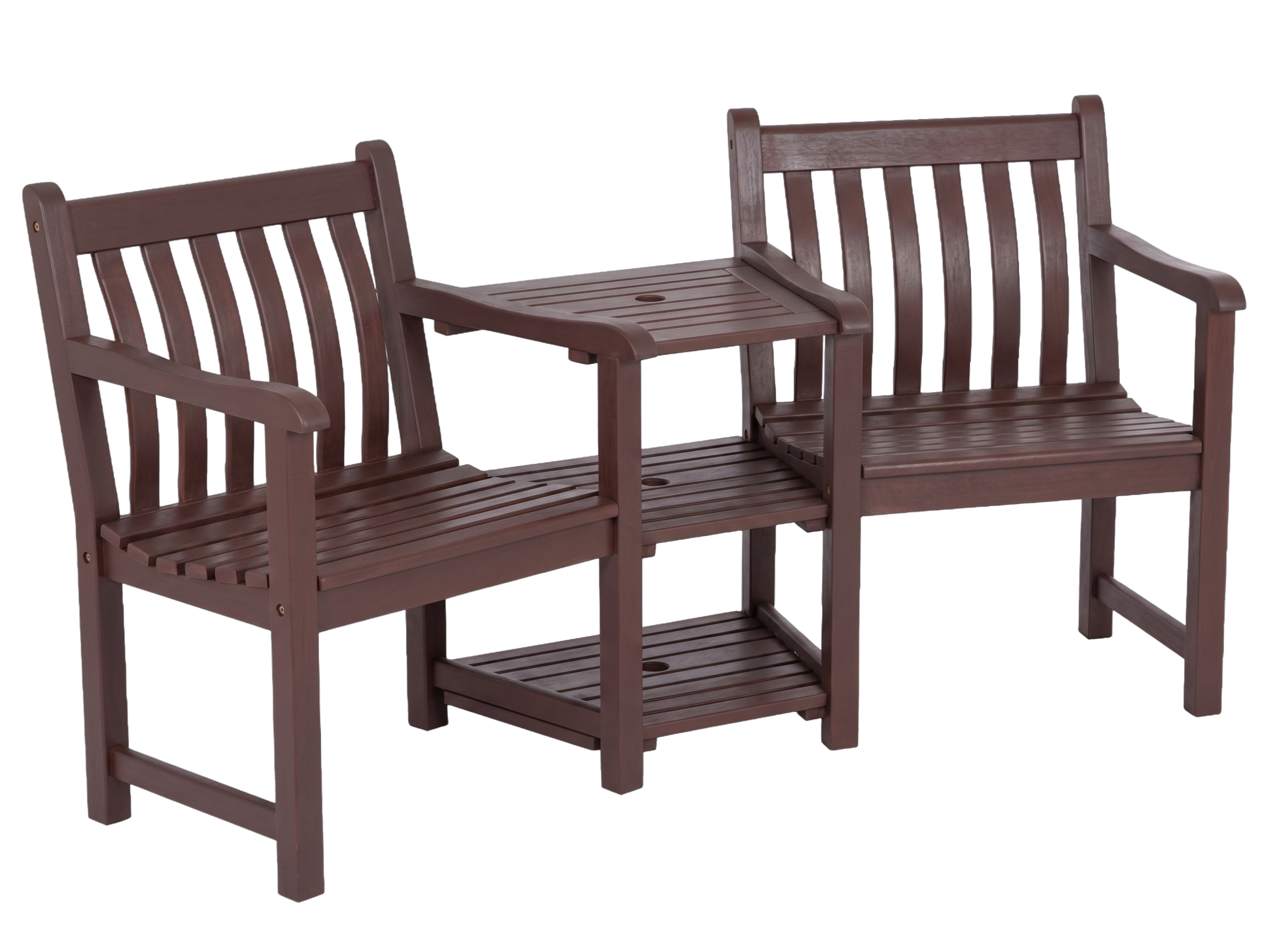 A three-piece mahogany outdoor patio set consisting of two matching armchairs with a central slatted side table, all in a dark brown finish, isolated on a white background.