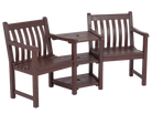 A three-piece mahogany outdoor patio set consisting of two matching armchairs with a central slatted side table, all in a dark brown finish, isolated on a white background.