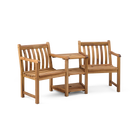 Wooden outdoor furniture set with two chairs and a small table on a white background