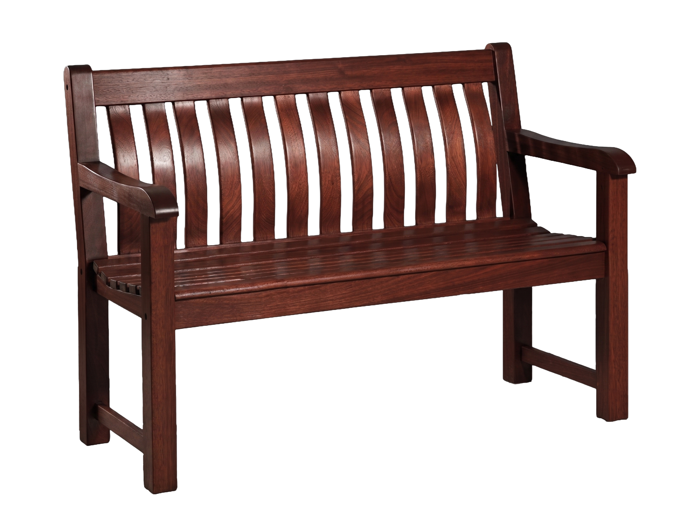 A wooden garden bench in mahogany finish, featuring a slatted backrest, armrests, and a slatted seat, shown against a plain white background.