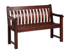 A wooden garden bench in mahogany finish, featuring a slatted backrest, armrests, and a slatted seat, shown against a plain white background.