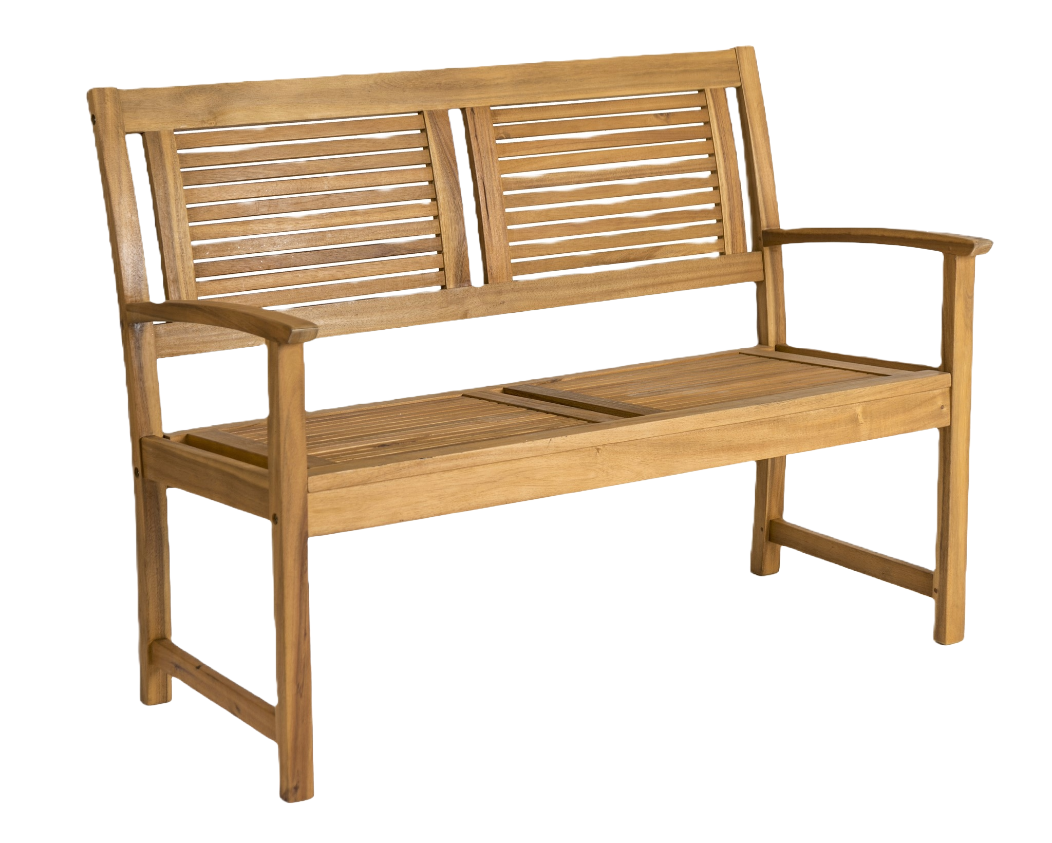 Wooden bench with slatted backrest on a transparent background