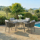 Outdoor patio set with round table and chairs near a pool
