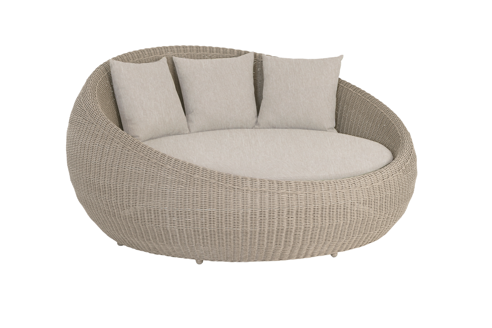 Round wicker outdoor sofa with cushions on a white background