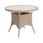 Round wicker table with a white glass top on a white background