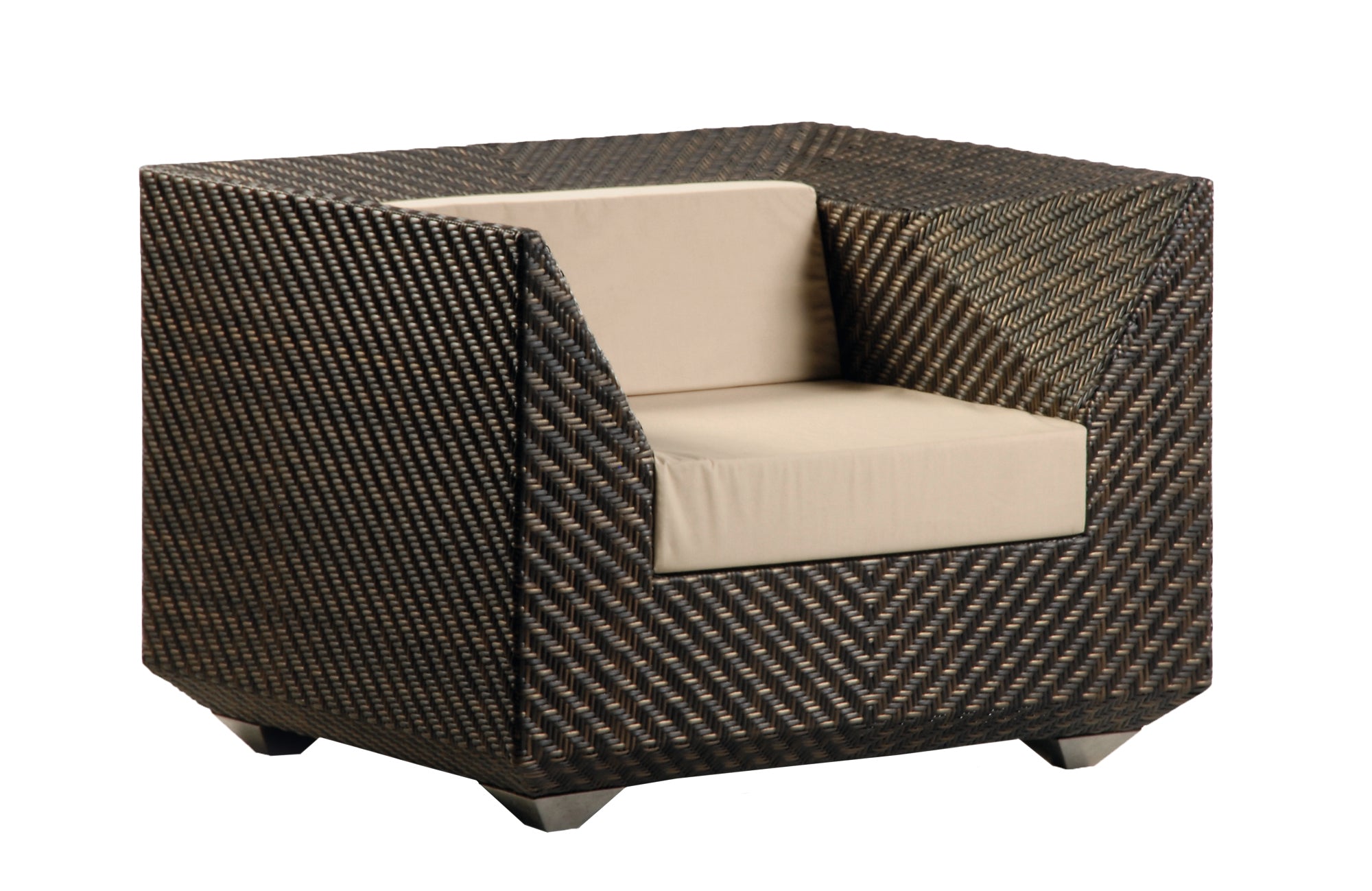 Wicker armchair with beige cushion on a white background