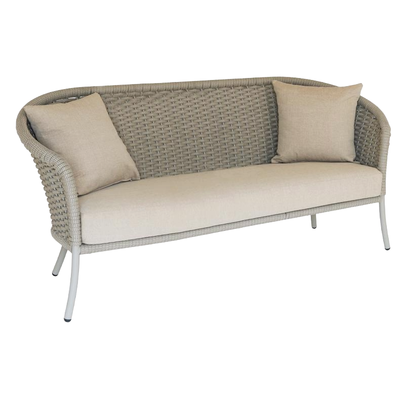 Wicker outdoor sofa with beige cushions on a white background