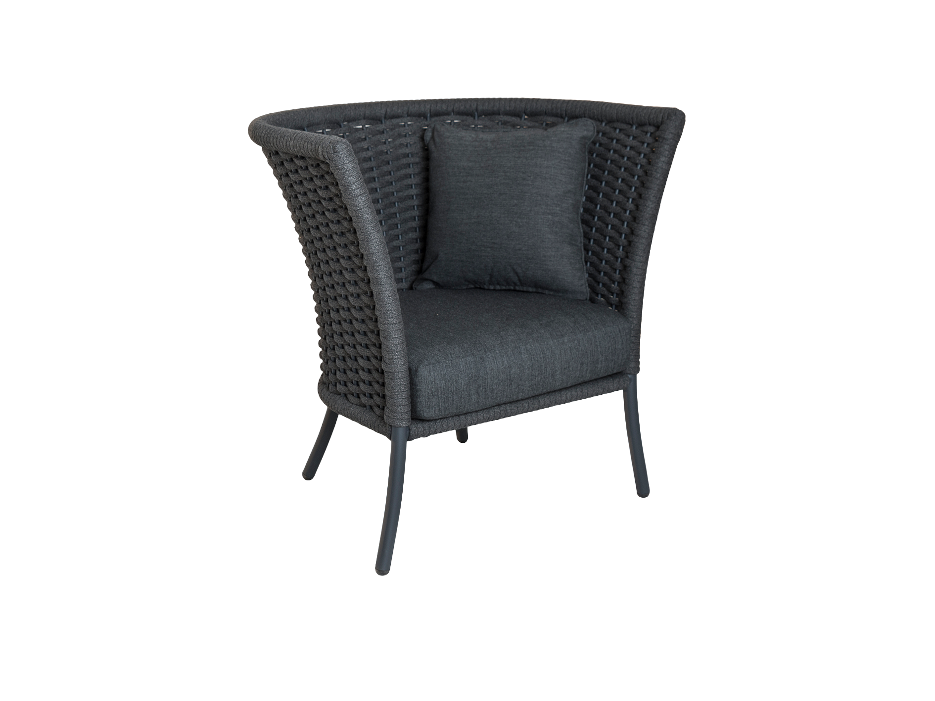 Black wicker chair with a cushion on a white background