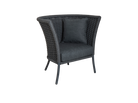 Black wicker chair with a cushion on a white background