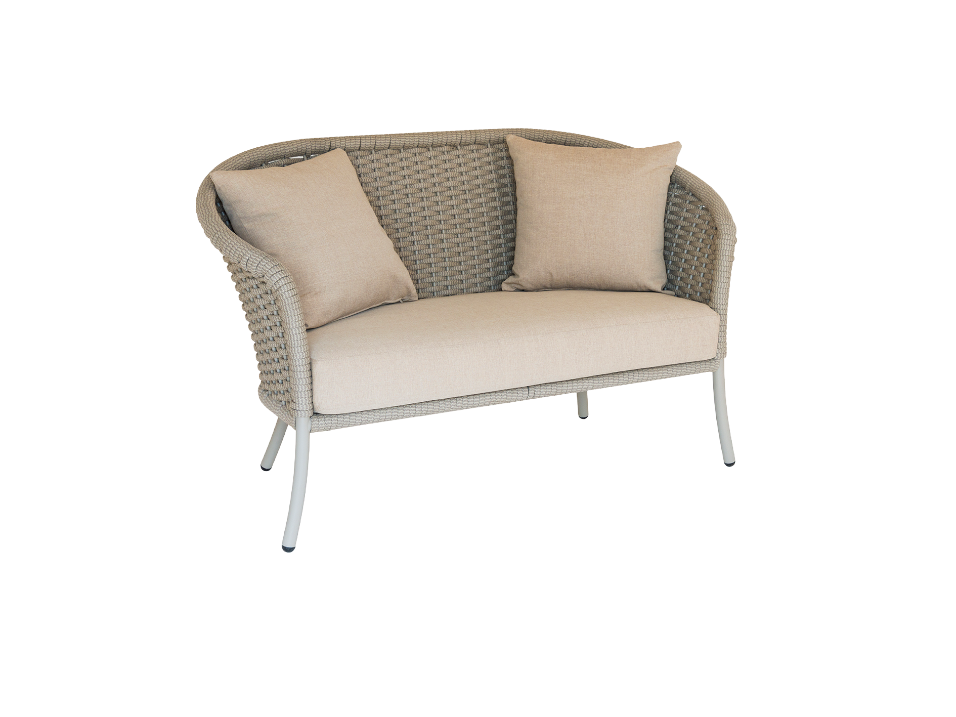 Wicker loveseat with beige cushions on a white background